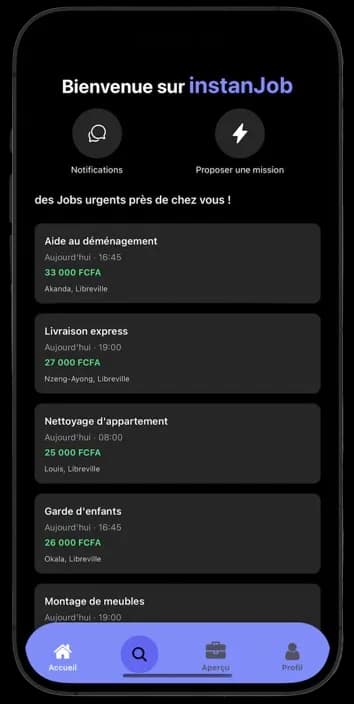 Capture d'écran de instanjob - une Application qui permet de trouver rapidement des missions autour de chez soi